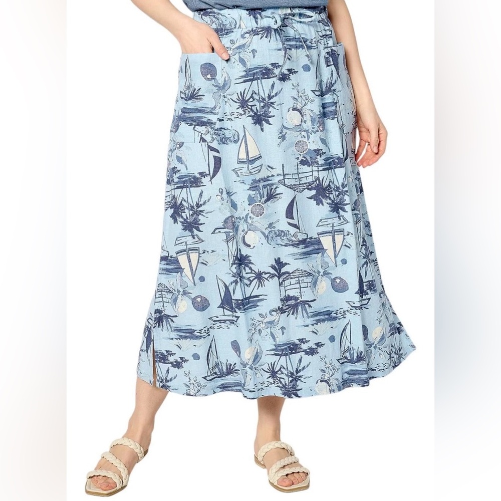 Denim & Co. Women's Naturals Sailboat print Linen Blend Midi Skirt XLP NWOT